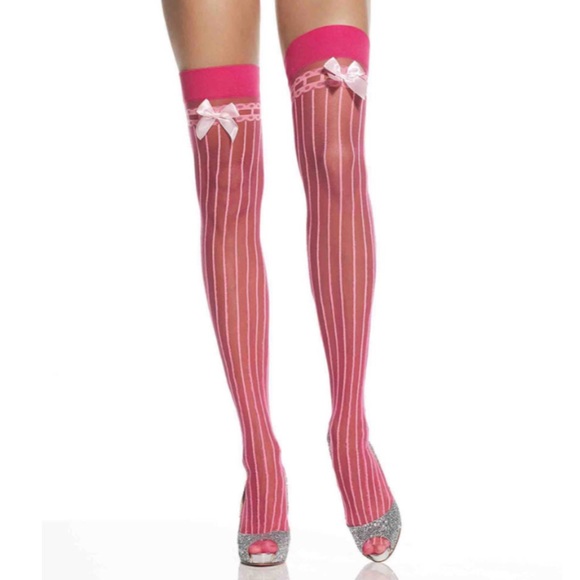 Leg Avenue Accessories - Stripes & Satin Bow Pink Sheer Stockings